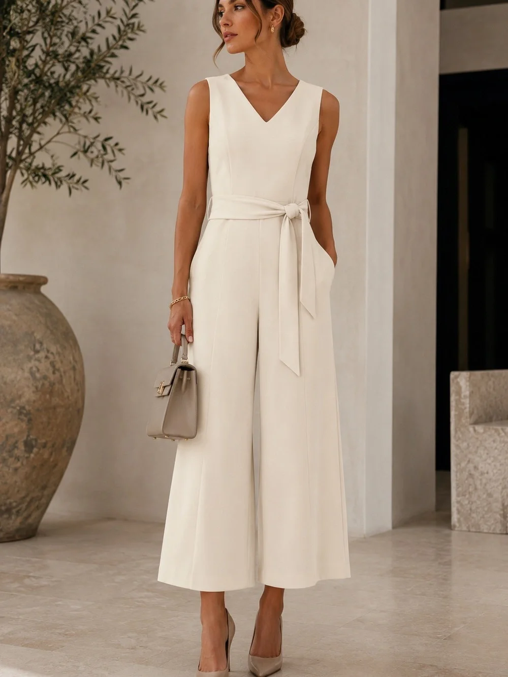 Calvin Klein Size 6 Ivory Cream Wide Leg Belted Jumpsuit Sleeveless V-Neck Basic - Picture 1 of 11